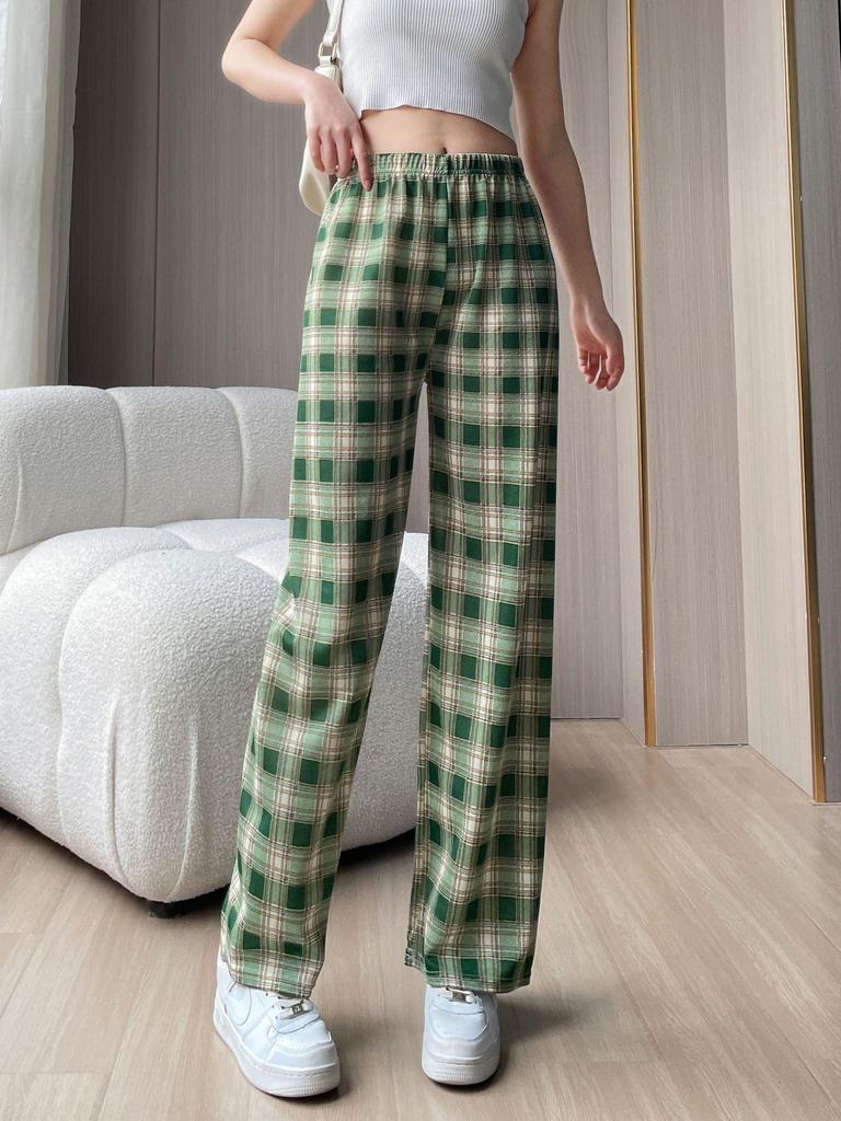 Plaid High-Waist Wide Leg Pants - Lightweight, Versatile, Plus Size, Women's Slimming Loose Fit, Spring/Summer Style.