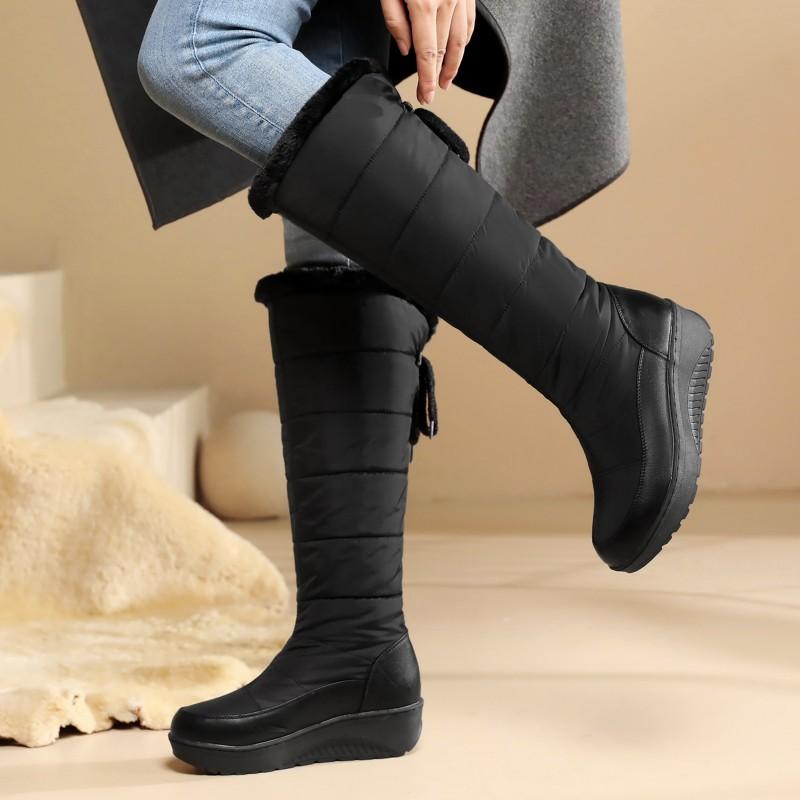 Waterproof Winter Shoes Woman Snow Boots 2024 Warm Fur Plush Casual Wedge Knee High Boots Girls Black White Rain Shoes Ladies