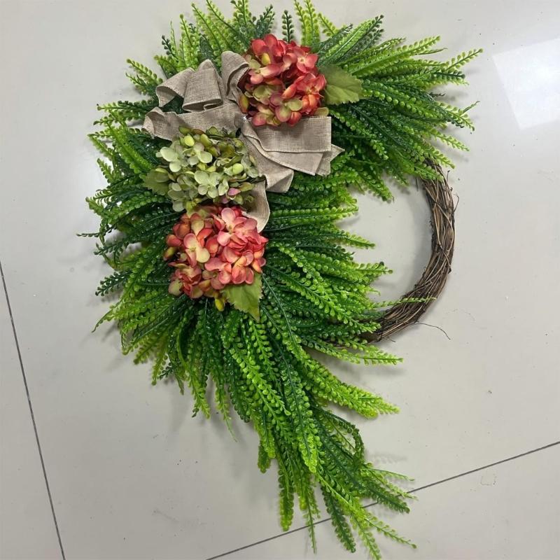 Рустикальный цветочный венок Настенное украшение Ротанговая рама С искусственными цветами гортензии Украшение Для интерьера