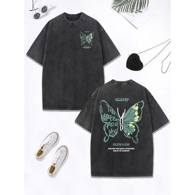 Индивидуальность Вырезы Принты бабочек Выстиранные футболки Женские Хлопковые Оверсайз Топы Рваная футболка Летняя одежда