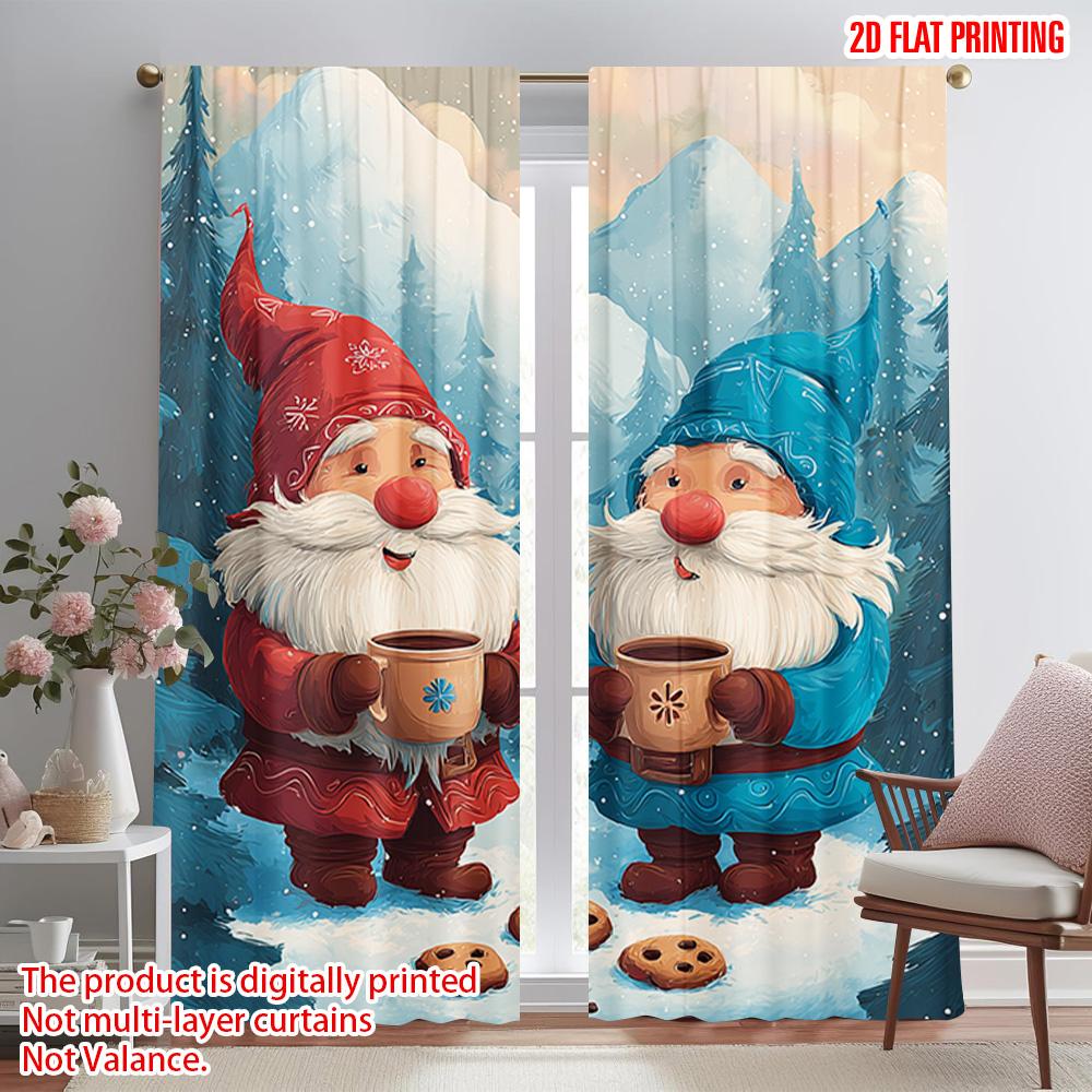 2pcs,2D plane printing Popular Curtains Santa Hat_ Hot Cocoa & Snowy Mountain Scene Polyester Easy Install (without rod) Room