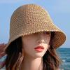 Women Summer Solid Color Woven Straw Bucket Sun Hat Foldable Wide Brim Hollow Breathable Sunscreen Beach Hat