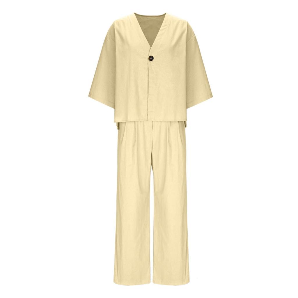 Комплекты из двух предметов для женщин: топ-рубашка с V-образным вырезом на пуговицах и брюки с широкими штанинами, свободные спортивные костюмы