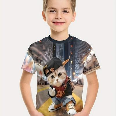 Летний топ с круглым вырезом и принтом 3D-кота, модные повседневные футболки с короткими рукавами для мальчиков