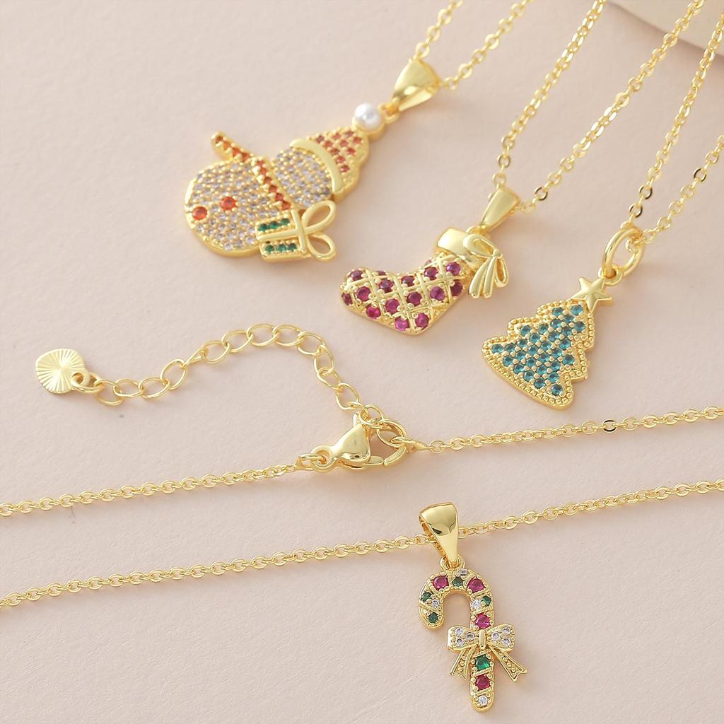 Copper Zircon-Embellished Christmas Tree & Snowman Pendant Necklace