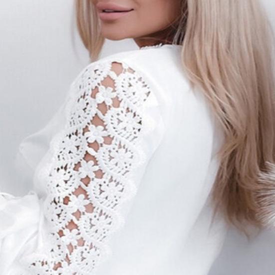 Women Spring Shirt V Neck Hollow Out Lace Patchwork Half Button Closure Solid Color Loose Long Sleeve Soft OL Commute Top