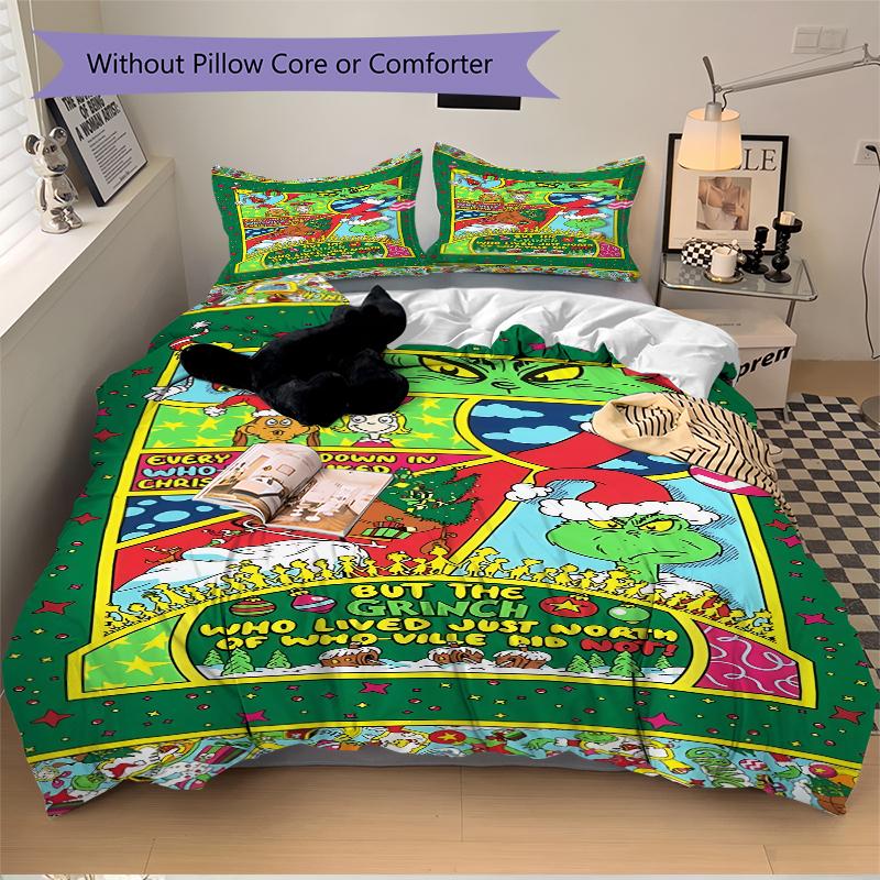 3Pcs Grinch Christmas Decorations Bedding Set Quilt Cover Pillowcase Home Christmas Xmas Halloween Gift 1 Duvet Cover 2 Pillowcase S921571