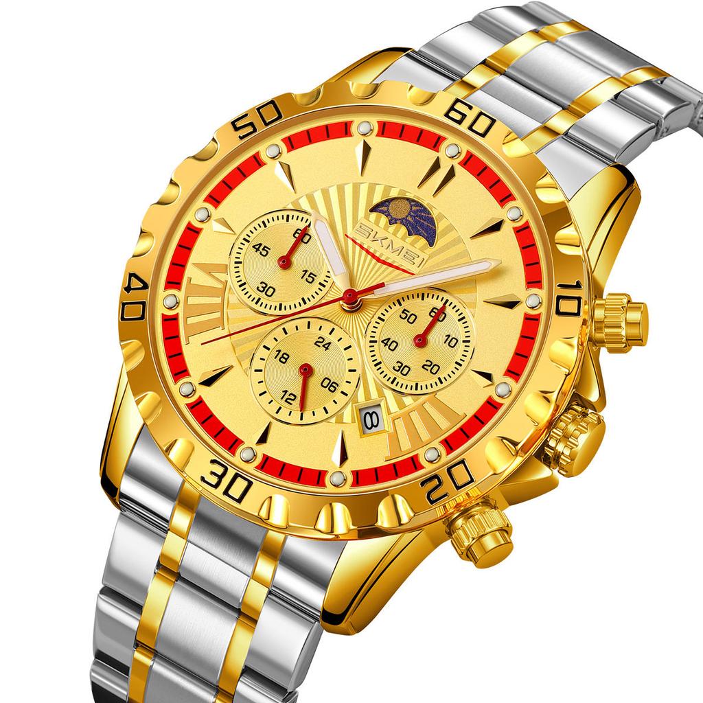 Роскошные золотые часы для мужчин, модные водонепроницаемые мужские наручные часы с фазами Луны, кварцевые мужские часы Relogio Masculino