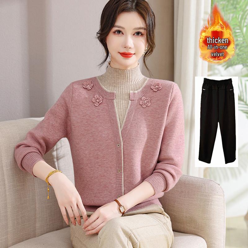 Stylish Faux Two-Piece Velvet Sweater for Middle-Aged & Elderly Women - Warm Knit Base Layer