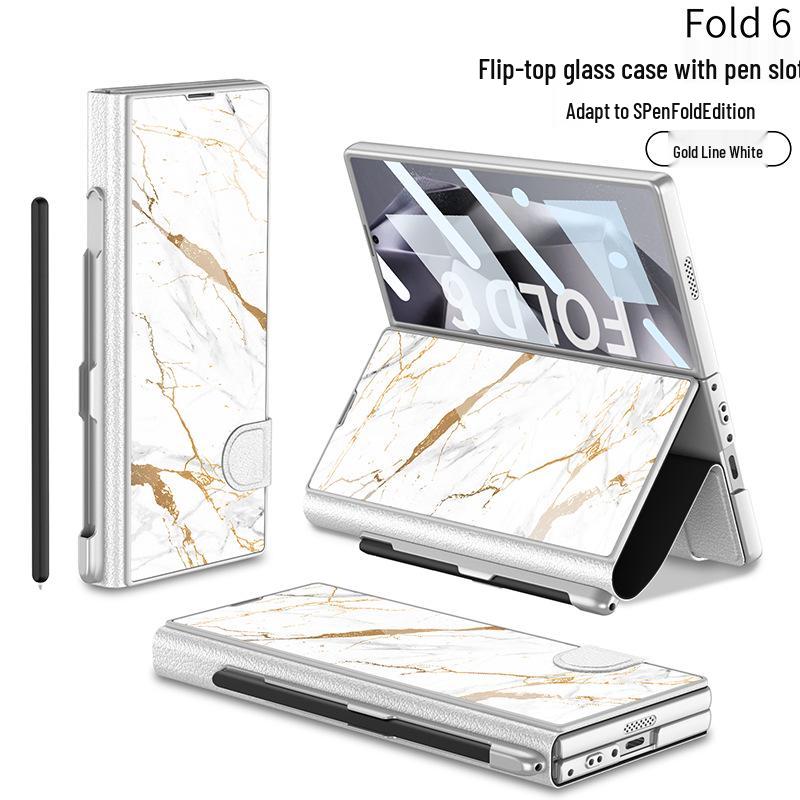 Кожаный чехол-книжка Samsung Z Fold 6 со слотом для стилуса и стеклянной крышкой – Стильный и деловой.
