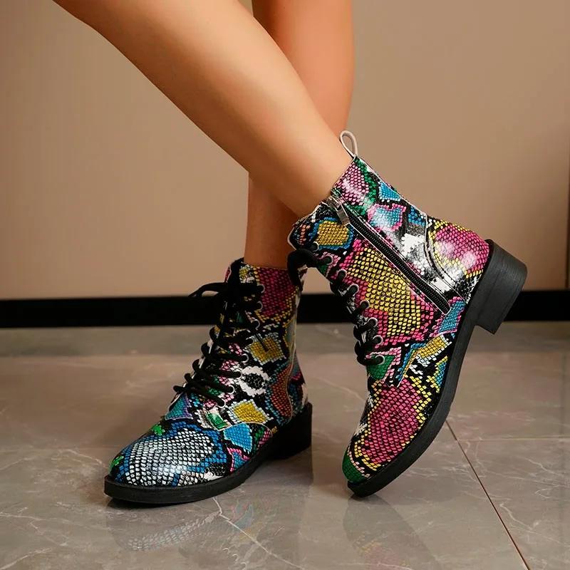 Обувь для женщин Модные ботильоны на шнуровке Женские ботинки Зимние новинки Низкий каблук Современные ботинки Женские туфли с граффити Дамы