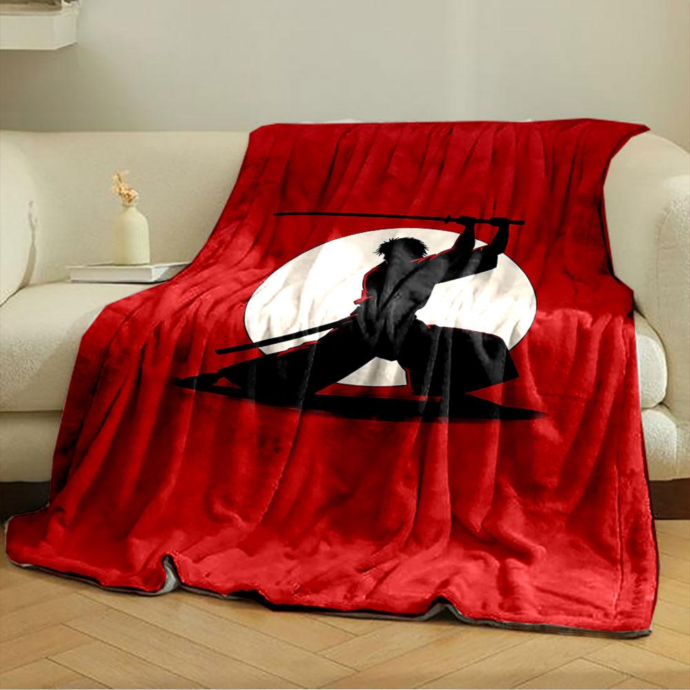 Silhouette of a kneeling samurai with a sword, set against a red background. for all seasons blanket lunch break throw gift