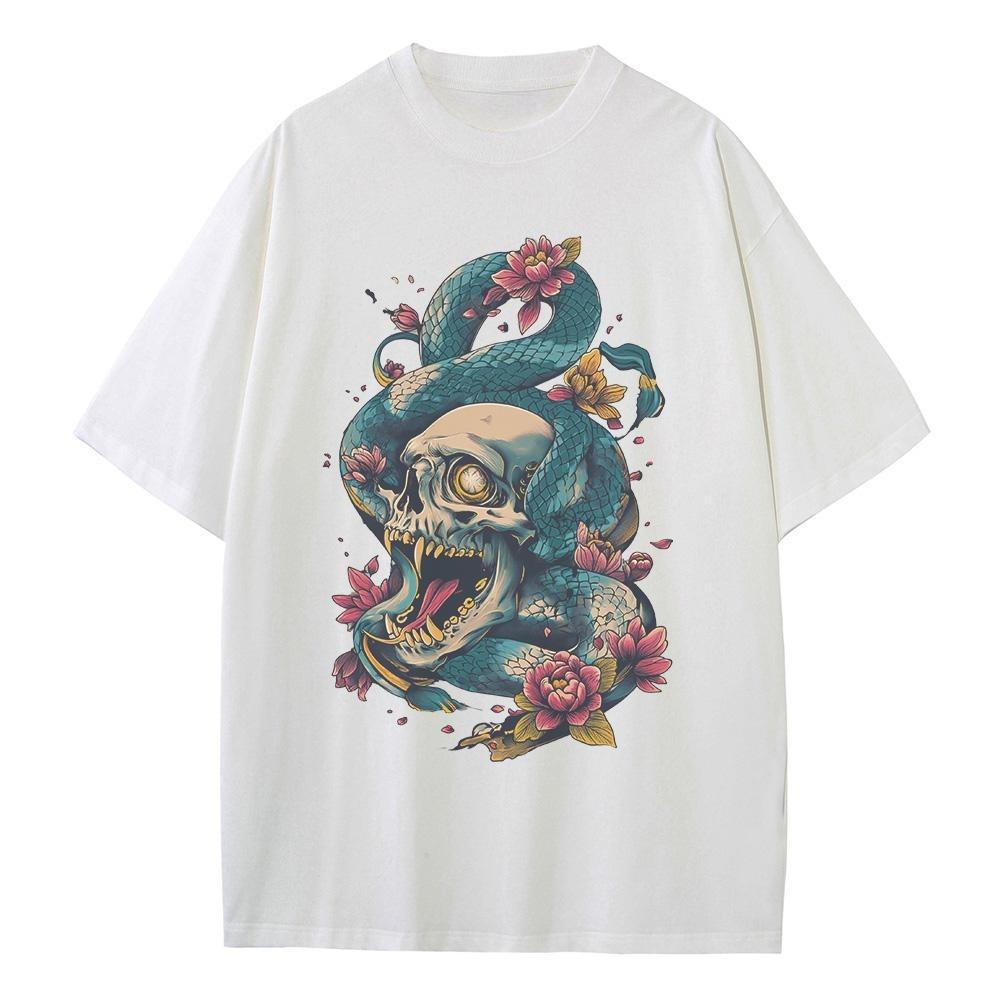 Cotton Graphic T Shirts Skull Python Illustration Printed Unisex Tops Heavyweight Drop Shoulder Oversized T Shirt Breathable