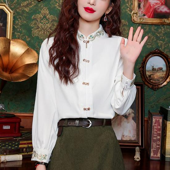 Women's Stand-Up Collar Shirt with Chinese Embroidery, Zen Style Long-Sleeve Top for Spring and Autumn.