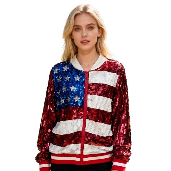 Женский пиджак с пайетками США. Флаг Красный Синий Белый Блестящий На Молнии Пальто Повседневный С Длинным Рукавом Цветной Блок Толстовка Топ