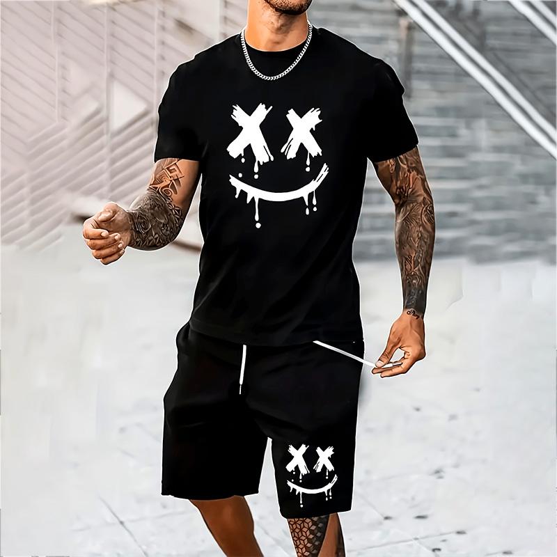 Мужской костюм, летний повседневный дышащий освежающий костюм с принтом 3D Evil Face, большой мужской свободный топ, модный с короткими рукавами