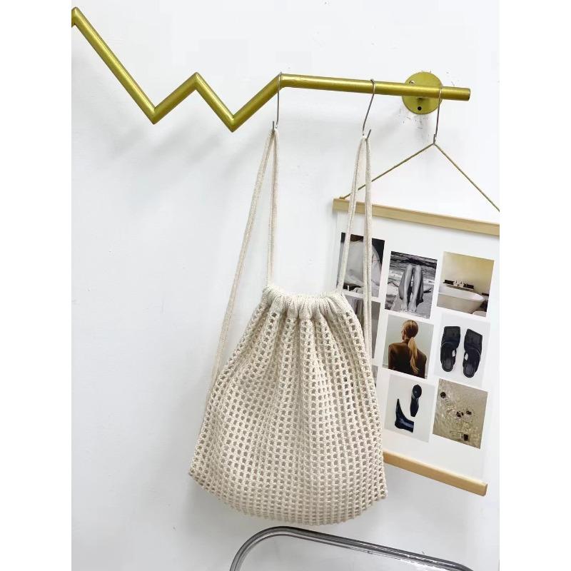 Simple Woven Mesh Pocket Drawstring Backpack Fashionable Versatile Shoulder Bag Large Capacity Messenger Bag Tote Bag