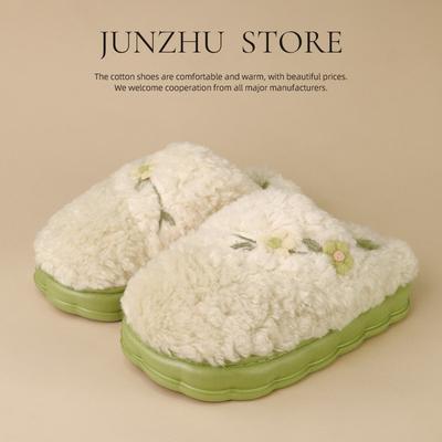 Хлопковые тапочки на толстой подошве женские с задником, комнатные милые с цветком, домашние тапочки, зимние бархатные теплые хлопковые туфли на каблуке
