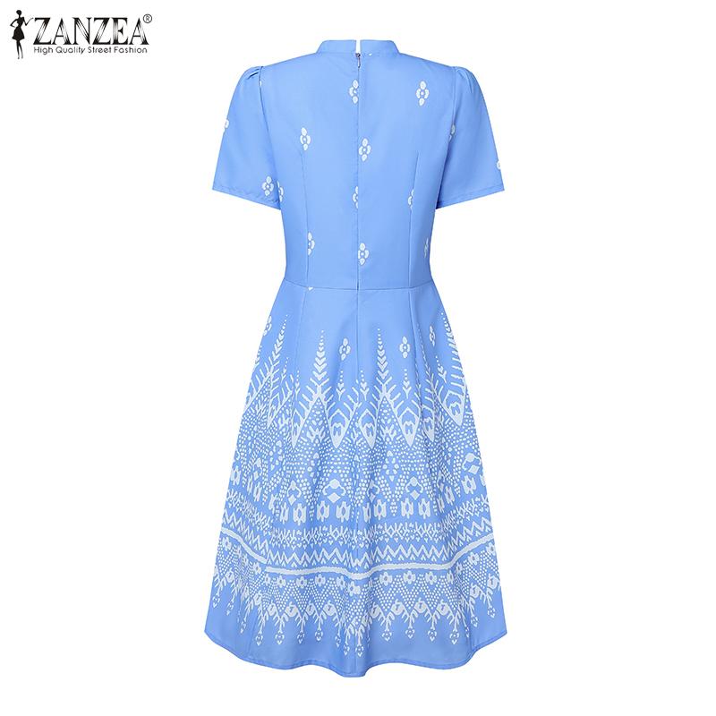 ZANZEA Women Summer Stand Collar Short Sleeve Casual Print Dress