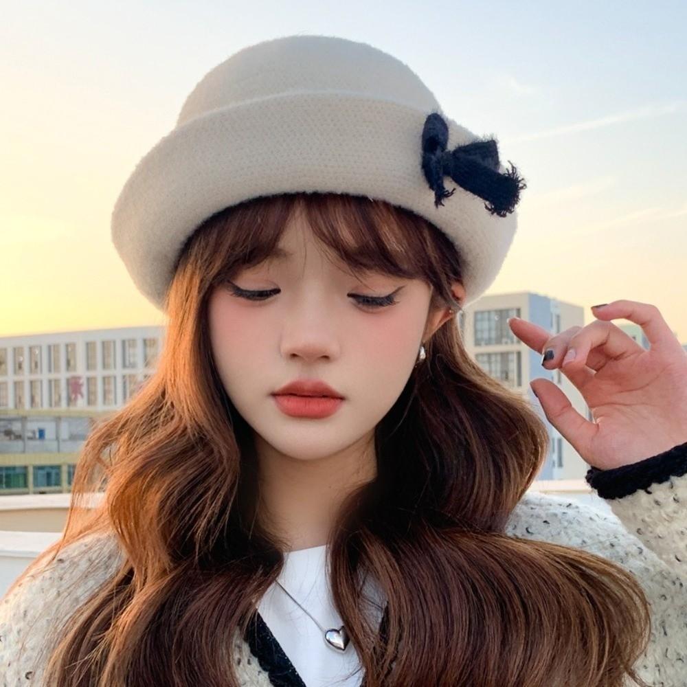 Однотонная шерстяная рыбацкая шапка вязаная женская панама элегантная панама с бантом весна лето