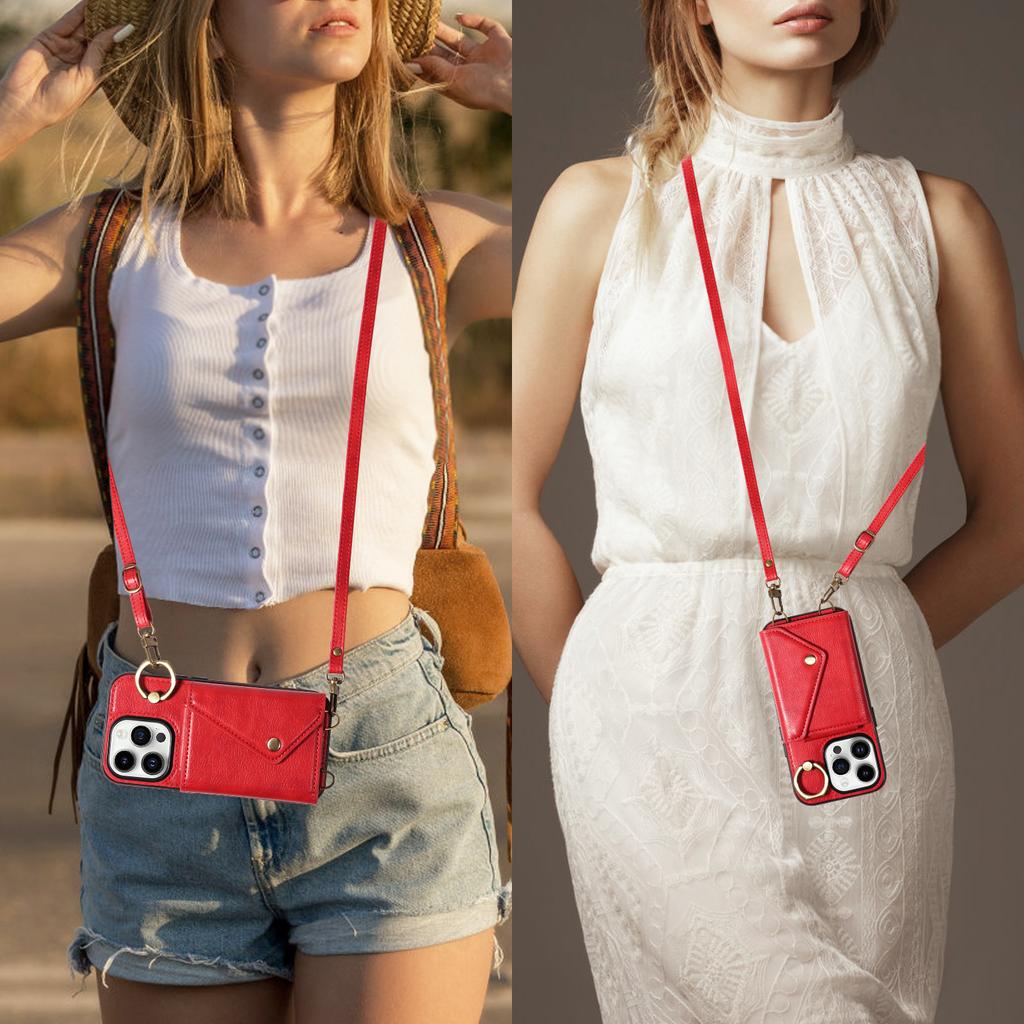 Для iPhone 16 серии. Для iPhone 16, 16 Plus, 16 Pro, 16 Pro Max плечевой ремень веревка кольцо кронштейн дизайн держатель для карт слоты личи узор чехол для телефона