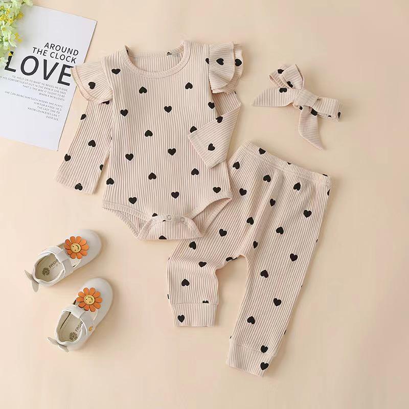 2023 Autumn/Winter Heart Print Romper for Baby Girls – Multicolor, Long Sleeve, Bowknot Accent