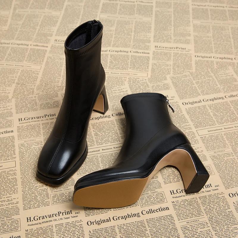 Мода осень зима женские ботильоны мода квадратный носок стрейч короткие ботильоны дамы лаконичные толстые каблуки обувь