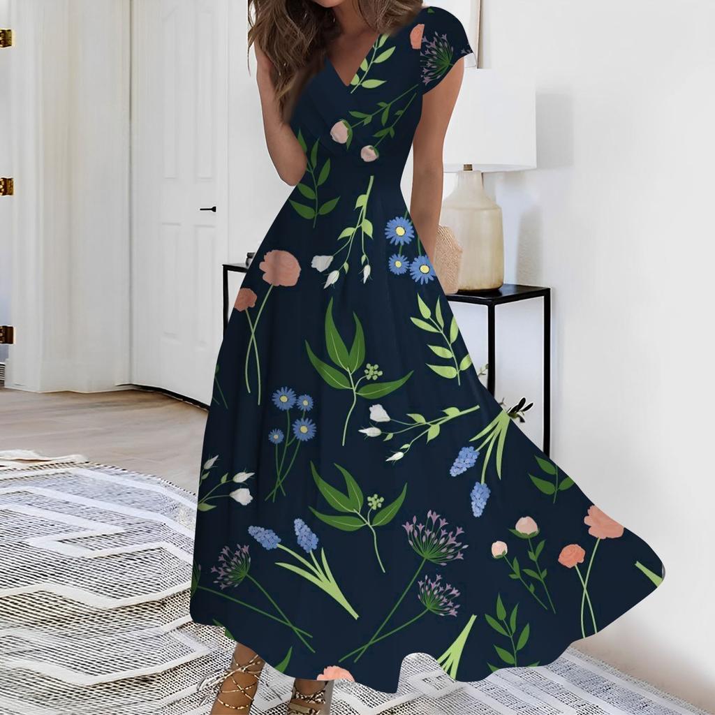 Женское длинное повседневное платье. Летнее платье с короткими рукавами и v-образным вырезом на талии с принтом.