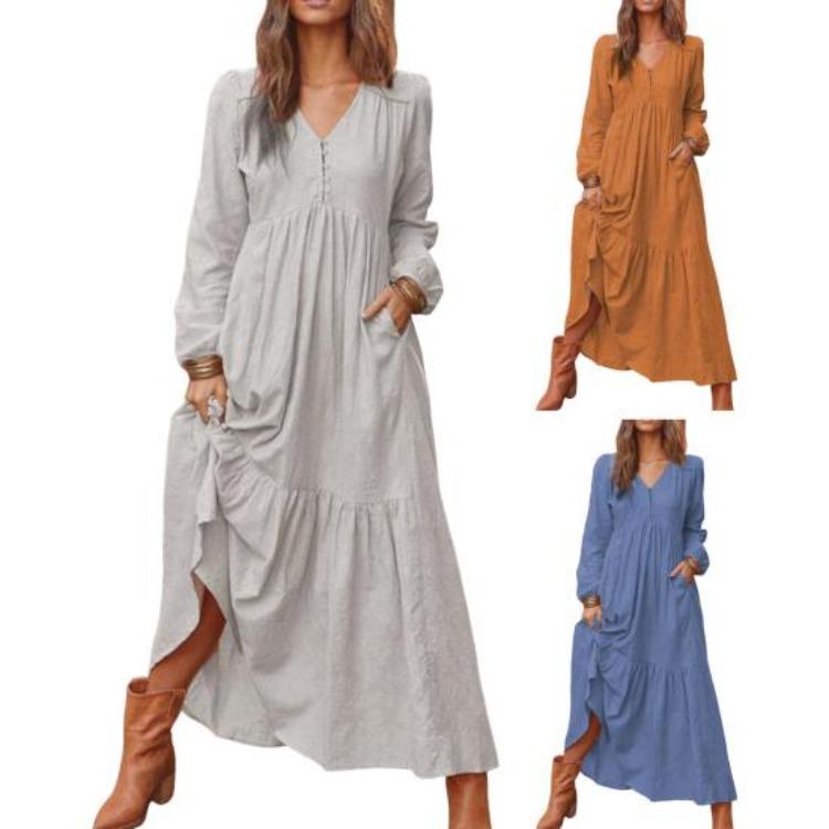 Women Long Sleeve Bohemian Cotton Linen Swing Dress Oversized V Neck Flowy Tiered Ruffle Pleated Long Dress