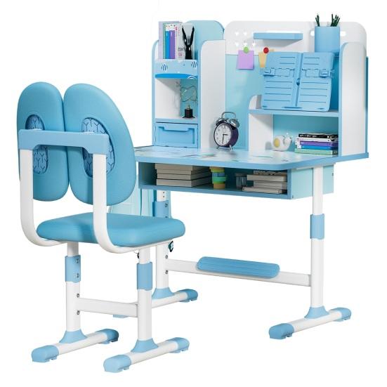 2Pcs/Set Kids Study Desk Chair Set Height Adjustable Study Table Chair Set with Sitting Corrector Ergonomic Desk Chair with Book Stand (Pink, Blue)