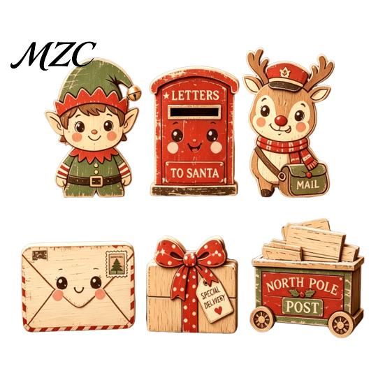 Vintage Style Holiday Ornaments 6Pcs Wooden Christmas Figurines, Desktop Ornaments, Retro Cartoon Farmhouse Signs Tabletop Decorations for Tiered Tray