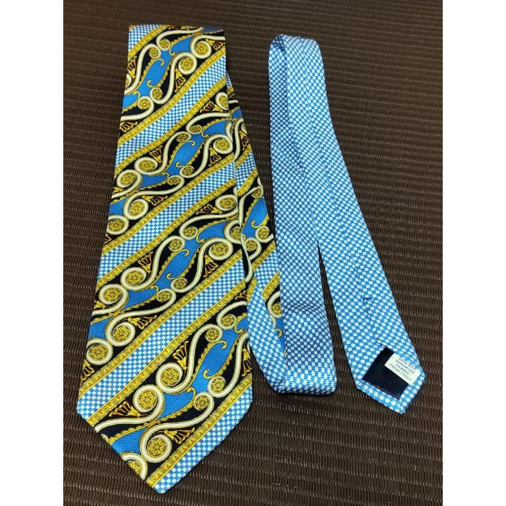 Used VERSACE Men's Silk Tie Blue Gold All Over Pattern Design Tie