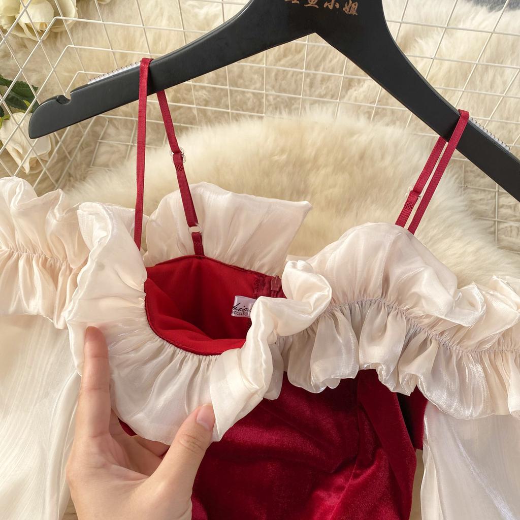 Elegant Ruffle Patchwork Velvet Dress Women Contrast Color Long Sleeve Split Evening Dresses Autumn Winter New Sweet Red Prom Clothes