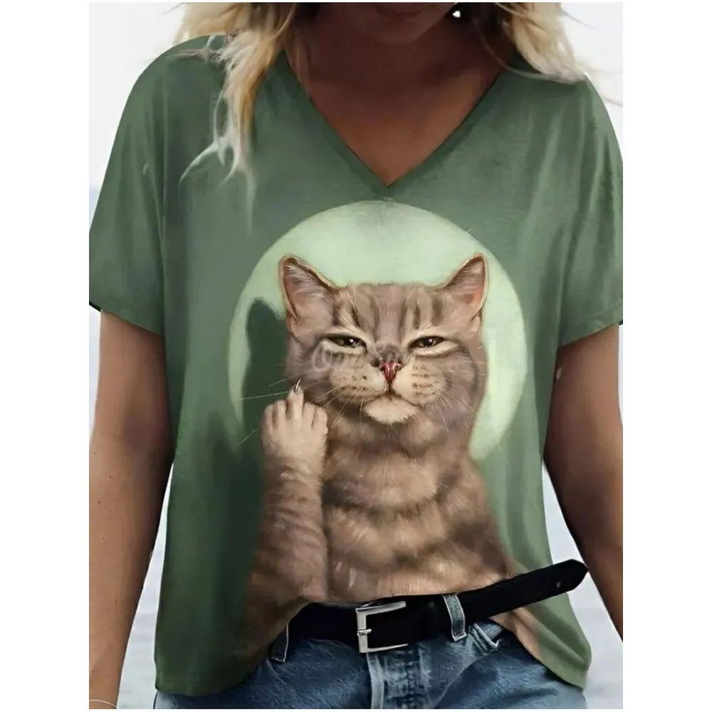 Новые Милые Кошки Животные 3D Печать Футболки Модные Женские Футболки с V-образным вырезом и коротким рукавом Y2k Харадзюку Футболки Повседневные Топы Женская Одежда