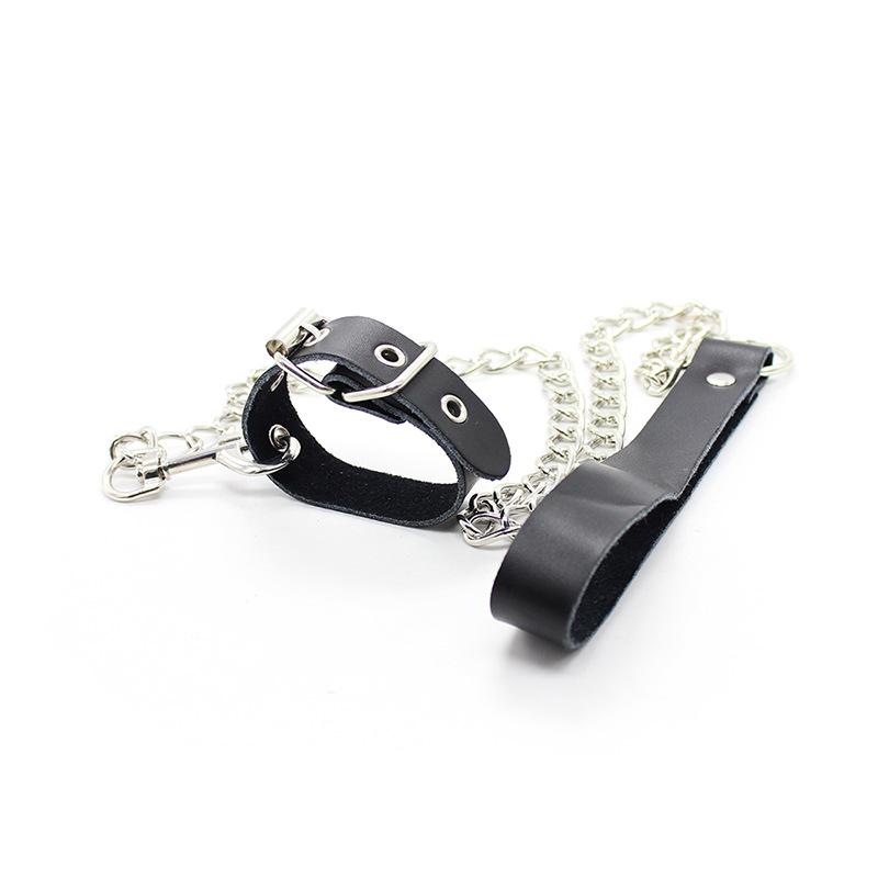 Мужской кожаный комплект SM Fun Bondage с кольцами для пениса и цепью для тяги