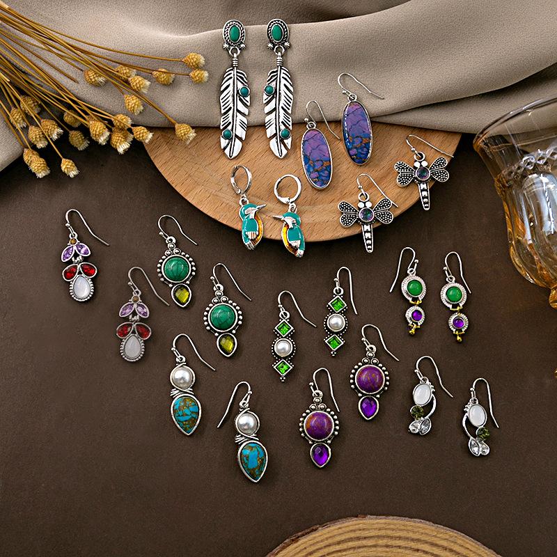 "European & American Retro Turquoise Feather Earrings: Bohemian Dragonfly, Bird, Water Drop, Round, & Pearl Designs"