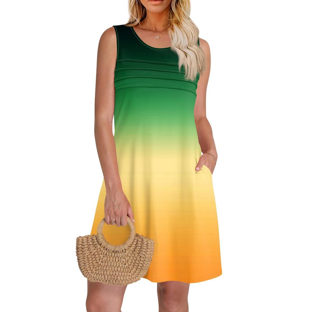 Женские летние платья с круглым вырезом, плиссировкой спереди, без рукавов, карманами, сарафаном, повседневным платьем