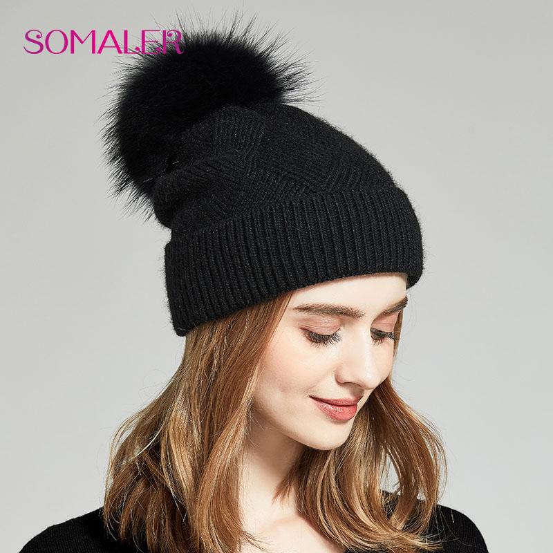 SOMALER Winter Hats For Women Natural Fur Pompom Hat Warm Wool Slouchy Beanies For Female Fashion Skullies Lady Hats