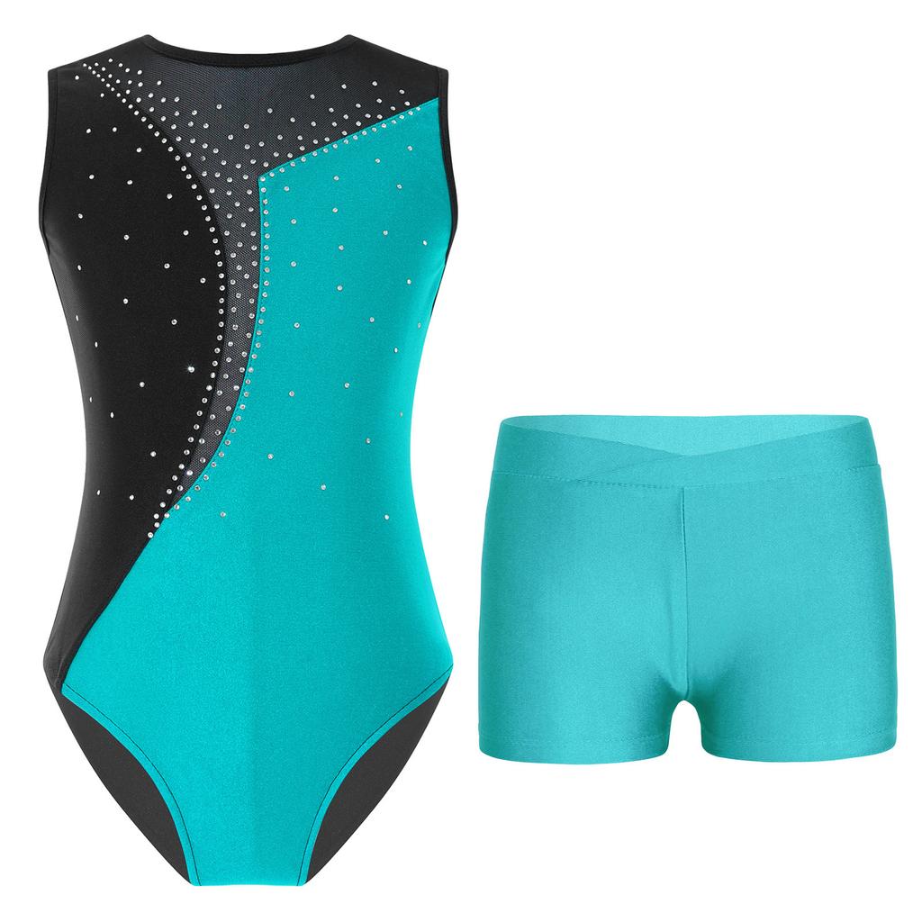 Girls Performance Leotard Sleeveless Round Neck Shiny Rhinestones Contrast Patchwork Design Waistband Shorts Set