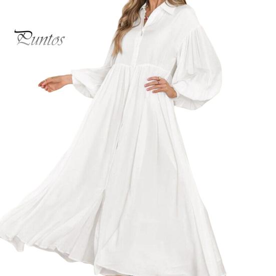 Осень-весна женское платье трапециевидной формы с отложным воротником, большие качели, плиссированные длинные рукава, однотонное однобортное свободное лоскутное платье макси