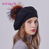Girls Knit Beret with Big Fur Pompom Winter Fashion French Style Colorful Fur Pompom Beret Hats for Women