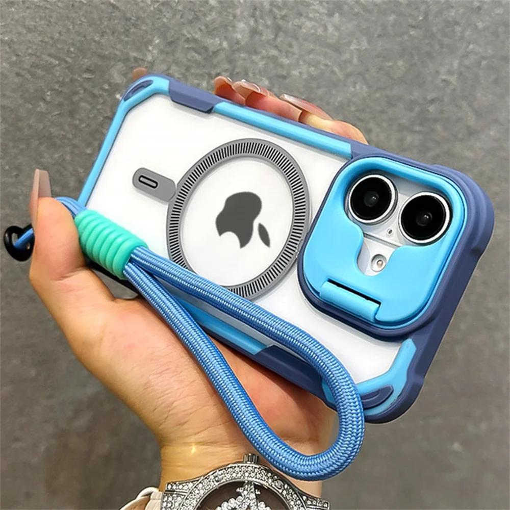 Armor Candy Color Clash For Magsafe Phone Case For 16 14 13 12 15 Pro Max 16 Plus Fold Lens Stand With Wrist Strap Cover