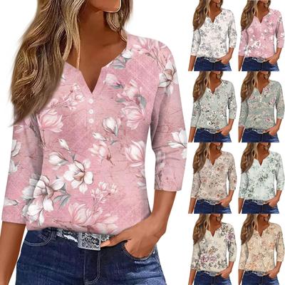 Жен. Футболка Футболка С принтом Пуговицы Рукав 3/4 Повседневные Выходные Мода Классический Классический V-образный вырез Обычный Верх
