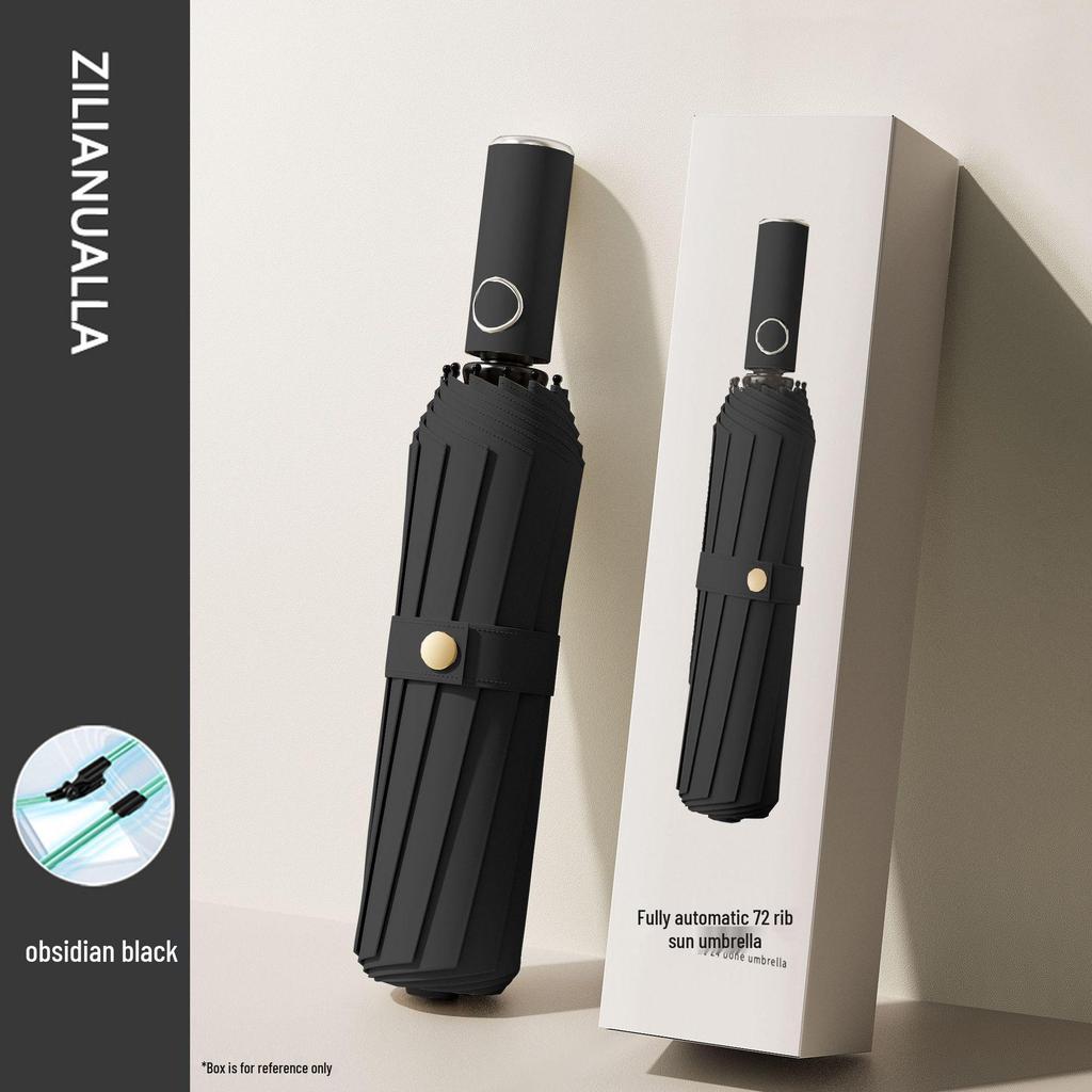 72-Rib Automatic Ring Buckle Umbrella: Portable, Reinforced, Dual-Use for Sun & Rain, Folding Hook Design for Men & Women