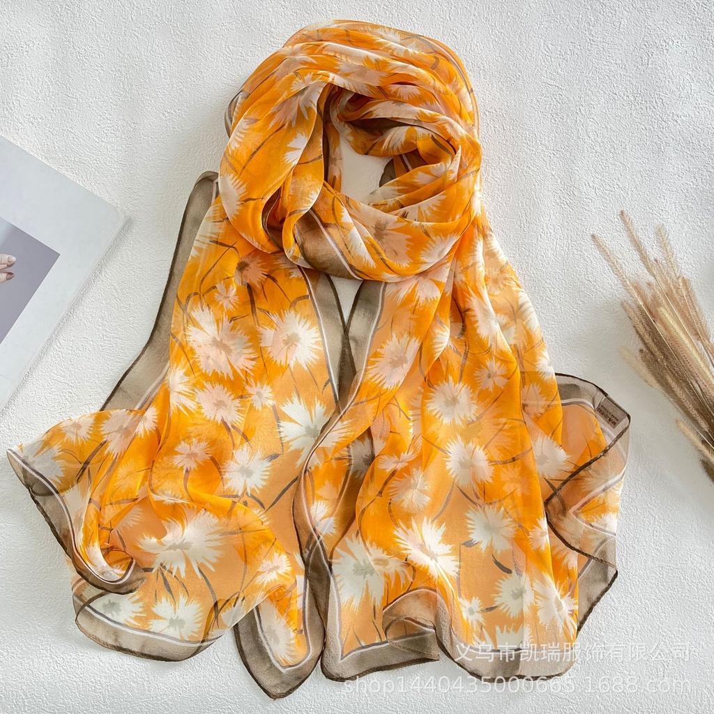 Новый длинный шелковый шарф с солнцезащитным кремом, тонкий искусственный шелк, весенне-летний женский шарф с принтом и украшением из жоржета