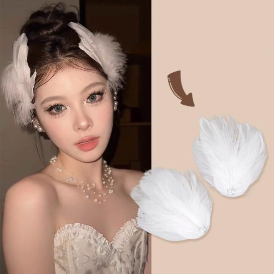 1 Pair White Feather Hair Clip Ballet Style Faux Pearl Charm Artificial Swan Feather Hair Pins for Women Girls Wedding Bride Fashion Headpiece