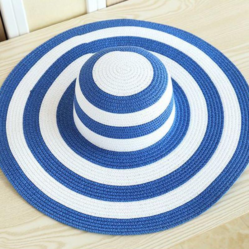 New Women's Beach Straw Hats Girls Outdoor Striped Patchwork Straw Sun Hats Visor New Summer Adult Flap Large Brim Cap Gorras