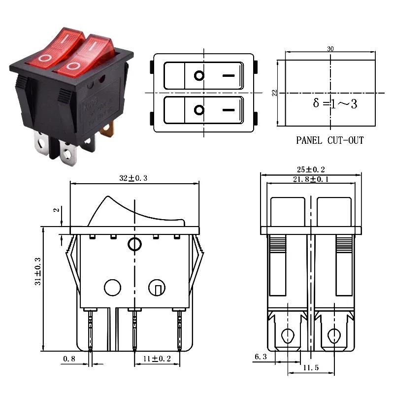 KCD6 Illuminated Plastic Rocker Switch Dual Push Button Boat 6 Pin 12V 220V Red Green Lamp On Off Power Switch Latching 16A 250V