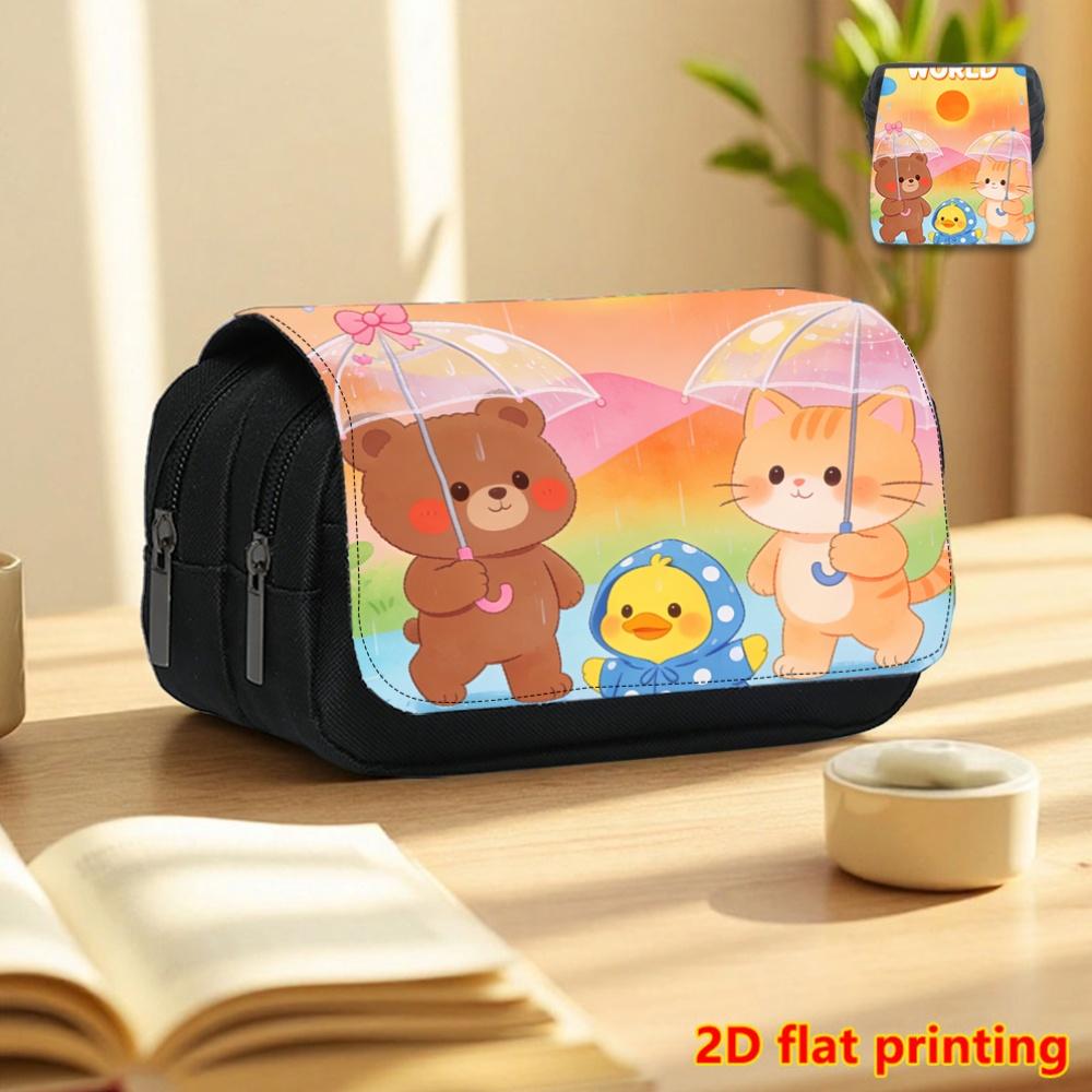 1pc Cartoon Rainy Day Animals 2D Flat Printing Double-Layer Flip Black Pencil Case Back to School Essential Pencil Box, Daily Multifunctional Makeup B