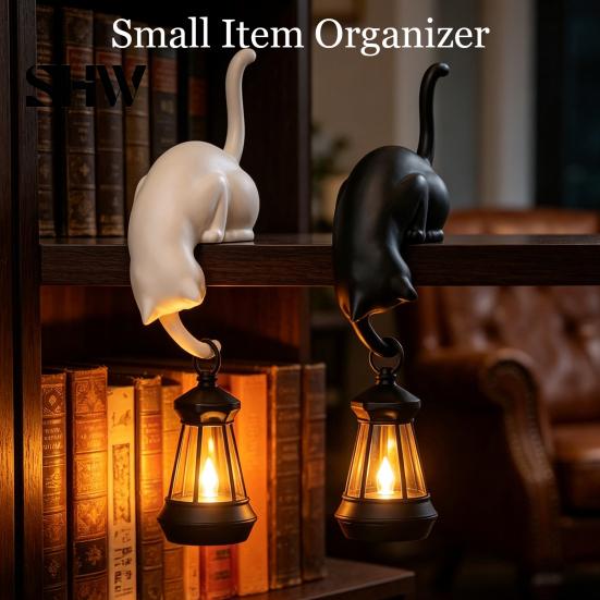Playful Home Organizing Tools 3D Printed Cat Shelf Sitter with Lantern, Whimsical Figurine Hook for Handmade Style Wall Decor Keys, Decorative